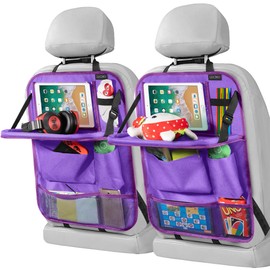 LUCMO Car Backseat Organizer with Tablet Holder-2 Pack,6 Storage Pockets Car Storage Organizer with Foldable Food Tray,Car Seat Back Protectors Kick Mats Travel Accessories-Dark Purple