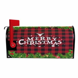 Pfrewn Merry Christmas Reindeer Buffalo Plaid Mailbox Cover Magnetic Standard Size, Snowman Snowflake Holly Leaves Letter Post Box Cover Wrap Decoration Welcome Home Garden Outdoor 21" Lx 18" W