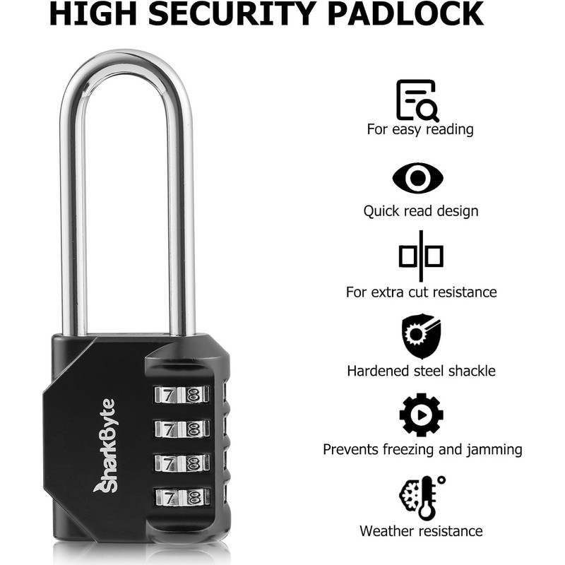 SharkByte Combination Padlock [2.6" Long Shackle] 4-Dial Heavy Duty Combination