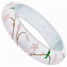 ZSISKA HANAMI SILVER LEAF 1/2" THIN BANGLE. PINK BLOSSOMS WITH GREEN BIRD.