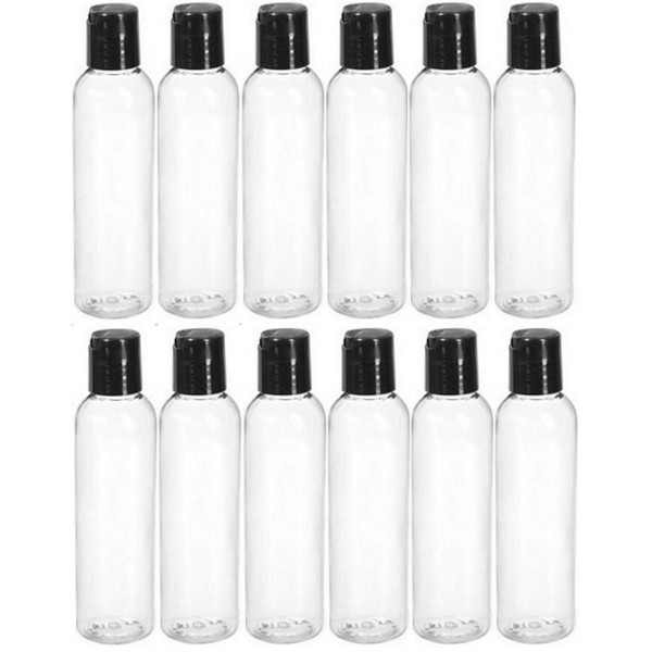2 Ounce (60 ml) Cosmo Round Bottles, PET Plastic Empty Refillable BPA-Free, with Black Press Down Disc Caps (12 count, Clear)