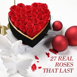 Casaido Forever Real Roses 27 Pcs, Preserved Flowers in Heart Shape Box with Necklace, Flower for Delivery Prime Valentines Day Gift for Her Mothers Day Anniversary for Mom Wife Girlfriend, Red