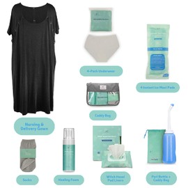 Postpartum Care Kit for Mom (14-Piece) - Includes Labor and Delivery Gown, Peri Bottle, Witch Hazel Foam, Pad Liners & More! with Hospital Essentials for Women After Birth
