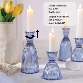 6 Pcs Blue Glass Candlestick Holders (3.5"/6", Assorted)- Tall Taper Candle Holders with Vintage Design, Candle Stick Holders in Bulk for Party Decorations, Blue Candle Holder for Tapered Candles
