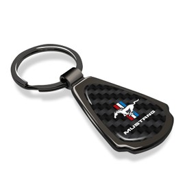 iPick Image for Ford Mustang Tri-Bar Real Black Carbon Fiber Gunmetal Black Metal Teardrop Key Chain