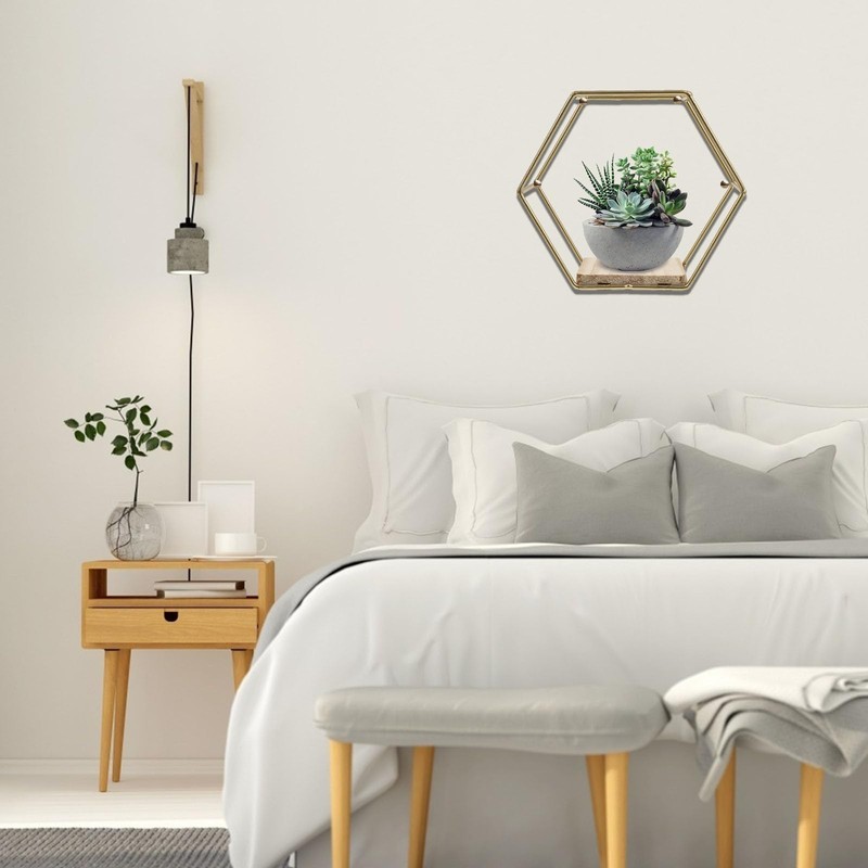 STOBAZA 2 Pack Hexagonal Wall Mounted Gold Shelves Wall Decor