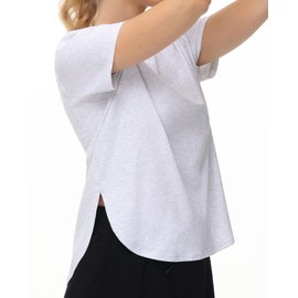 THE GYM PEOPLE Women's Workout T-Shirts Loose Fit Short Sleeve Cotton Running Basic Tee Tops with Split Hem Heather White