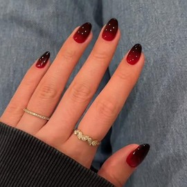 SXVME Uñas postizas francesas rojas y negras, cortas, ovaladas y redondas, con pegamento, uñas postizas cortas con degradado, uñas postizas acrílicas 