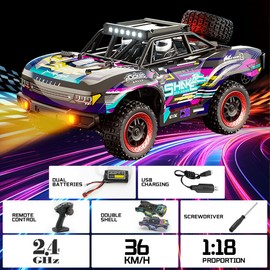 Hobby RC Trucks,1:18 Scale RC Car,4WD Off Road Brushless Monster RC Truck, 36 KPH High Speed Rc Truck with 2 Batteries,2 Shell,LED Headlight,Gifts for Adults Boys
