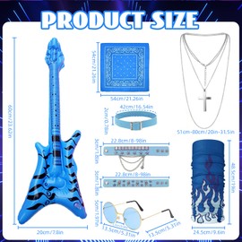 8Pcs Punk Rockstar Fancy Dress Kids, Inflatable Guitar Rock Heavy Metal Accessories Punk Rockstar Accessories with Sunglasses Bandana Bracelet Collar Mask Necklaces 80s Rock 90s Fancy Dress(Blue)