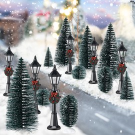 16 Piezas Set de Accesorios de Pueblo Navideño Pinos Navideños Esmerilados y Mini Farola Árboles de Cepillo de Botella Árboles de Aldea en Miniatura para Manualidades DIY Decoraciones de Invierno