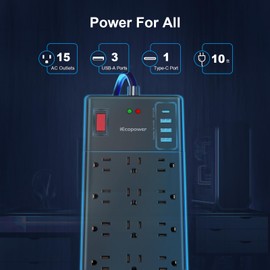 Surge Protector Power Strip 10 ft cord-15 Widely Spaced Outlets and 4 USB Ports(1 USB C Port),14 AWG Extension Cord,1875W/15A Heavy Duty Power Strip Surge Protector 10 ft Cord,2800J,Black