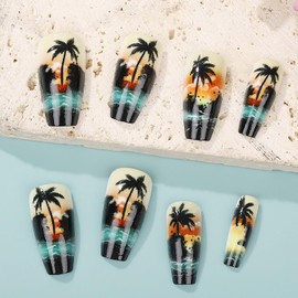 CJDLTS Coconut Tree Sunset Press on Nails Medium Ballet Shaped Waves Pattern Design Summer Beach Acrylic False Nail Full Cover Glossy Press Ons Stick on Nail DIY Glue on Nails for Women 24Pcs