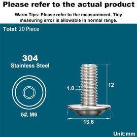 Drenky M6 Rounded Head Screws, M6 x 12 mm Rounded Head Screws Hexagon Socket Pack of 20 Screws Stainless Steel A2 V2A Flange Screw Small Thread Screws Full Thread