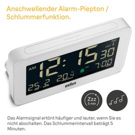 Braun Radio Digital Alarm Clock for Central European Time Zone (DCF) with Date, Month and Temperature Display, Negative LCD Display and White Alarm Sound, Model BC10W-DCF