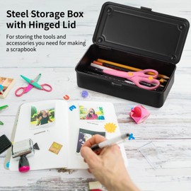 Steel Storage Box with Hinged Lid, Metal Container for Scrapbook Stamps, Rectangular Empty Hinged Tool Box, Metal Storage Organizer for Pegs, Pens, Stationary (8 X 4 X 2 Inch)