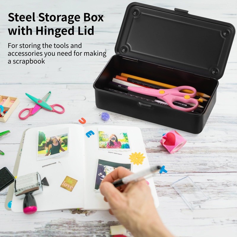 Steel Storage Box with Hinged Lid, Metal Container for Scrapbook