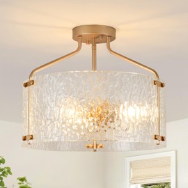 Blhxian Semi Flush Mount Ceiling Light Fixture Glass Drum Chandelier Entryway Light Fixture 16''Gold Flush Mount Ceiling Lights 3-Light Foyer Lighting fixtures for Living Room Hallway Bedroom