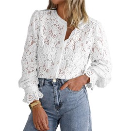 PRETTYGARDEN Women's Dressy Casual Lace Blouse Long Sleeve Button Up Shirts Tops Fall Fashion Clothes (White,Medium)