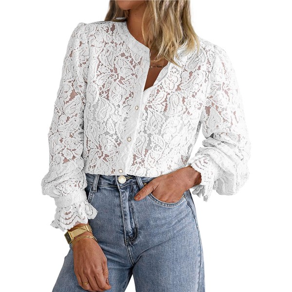 PRETTYGARDEN Women's Dressy Casual Lace Blouse Long Sleeve Button Up