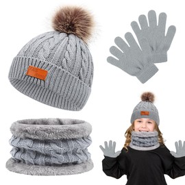 HOSSOM Children's Winter Hat Scarf Gloves Set, 3-in-1 Pompom Knitted Hat Baby Hat Children's Hat Set, Knitted Hat Winter Gloves Set for Children 1-5 Years, gray