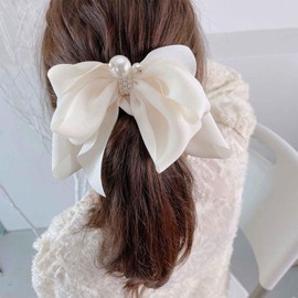 Boho Satin Hair Bows Beige Bow Hair Clips Ribbon Hair Barrettes Clip Large Solid Color Bowknot Hairpin Headwear Pearl Bow Hair Barrette Lady Hair Styling Accessories Jewelry for Girls (Beige)