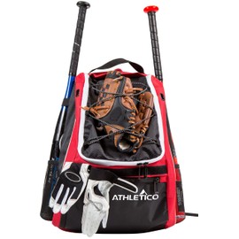 Athletico Baseball Bat Bag - Backpack for Baseball, T-Ball & Softball Equipment & Gear for Kids, Youth, and Adults | Holds Bat, Helmet, Glove, & Shoes | Separate Shoe Compartment, & Fence Hook (Red)