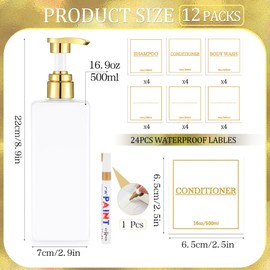 Gejoy 12 Pack White Shampoo and Conditioner Dispenser Bottles, 17 Oz/ 500ml Empty Refillable Pump Bottles with Labels and Marker Pen, Square Plastic Pump Dispenser Bottle for Bathroom Body Wash Shower