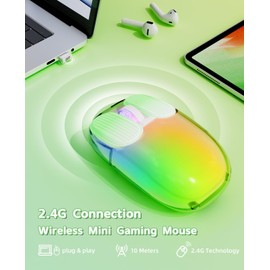 A.JAZZ I069 - mouse inalámbrico para juegos de 2,4 GHz, ratones portátiles totalmente transparentes, retroiluminación RGB, mouse silencioso recargable, DPI ajustable de 3 niveles, ratones de bonito