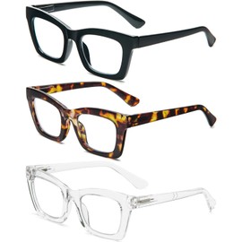 REAVEE 3 Pack Oprah Style Reading Glasses Blue Light Blocking Computer Square Readers for Women with Spring Hinge Anti Glare/Eyestrain 2.5