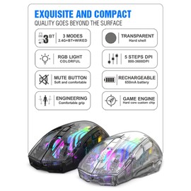 Docooler Wireless Gaming Mouse, Transparent Crystal Shell, 3 Modes (USB Wired + 2.4G Wireless + Bluetooth), 3600DPI Adjustable E-Sport Mouse, Ergonomic RGB Silent Mouse - White/Black