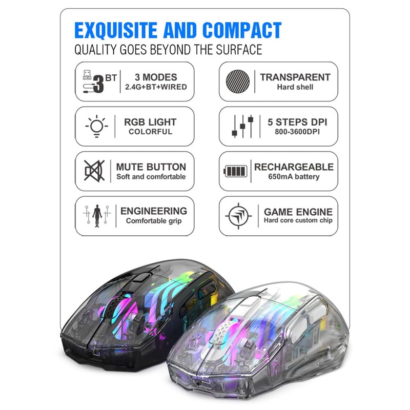 Docooler Wireless Gaming Mouse, Transparent Crystal Shell, 3 Modes (USB