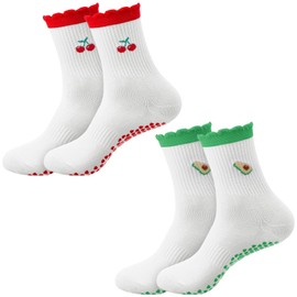 KFHENSOMR 2 Pairs Pilates Grip Socks Yoga Socks for Women Yoga Grippy Sock Cute Barre Non Skid Athletic Crew Sticky Sock Workout Hospital Sports Fitness Cherry & Avocado