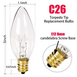 Konictom 25 Pack Candle Light Bulbs,Crystal Clear Torpedo Tip Candelabra Replacement Bulbs Fit C7/E12 Candelabra Base,7 Watt C26 Replacement Night Light Bulb for Electric Window Candle Lights