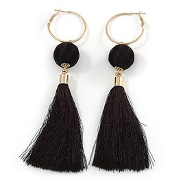 Long Black Cotton Ball and Tassel Hoop Earrings/Gold Tone Metal/ 12.5cm L