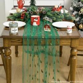 Artoid Mode Embroidery Tree Green Gauze Table Runner 120 Inch 10FT, Christmas Sheer Chiffon Cheesecloth Dining Table Home Decor for Party