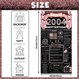 Back in 2004 Rose Gold 21st Birthday Decorations Happy 21st Birthday Banner Backdrop Vintage Birthday 21 Years Ago Theme Decor 21st Gifts for Man and Woman 21st Birthday Party Supplies