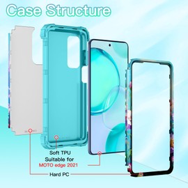 LONTECT for Moto Edge 2021 Case, Floral Shockproof 3 in 1 Heavy Duty Hybrid Sturdy High Impact Protective Cover Case, Rose Flower Garden