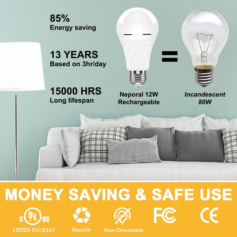 Neporal A19 Rechargeable Light Bulbs, Socket Rechageable Battery Backup for