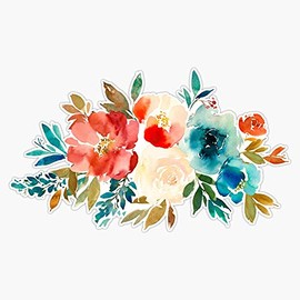 Red Turquoise Watercolor Floral Bouquet Vinyl Sticker Waterproof Bumper Sticker Laptop Window Decal 5"