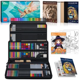 Kird Barken 240PCS Artists Art Supplies - Drawing Kit with 3 Sketchbook, Coloring book - Graphite,Colored, Charcoal, Watercolor,Metallic,Fluorescent & Rainbow Pencils - for Artists and Beginners