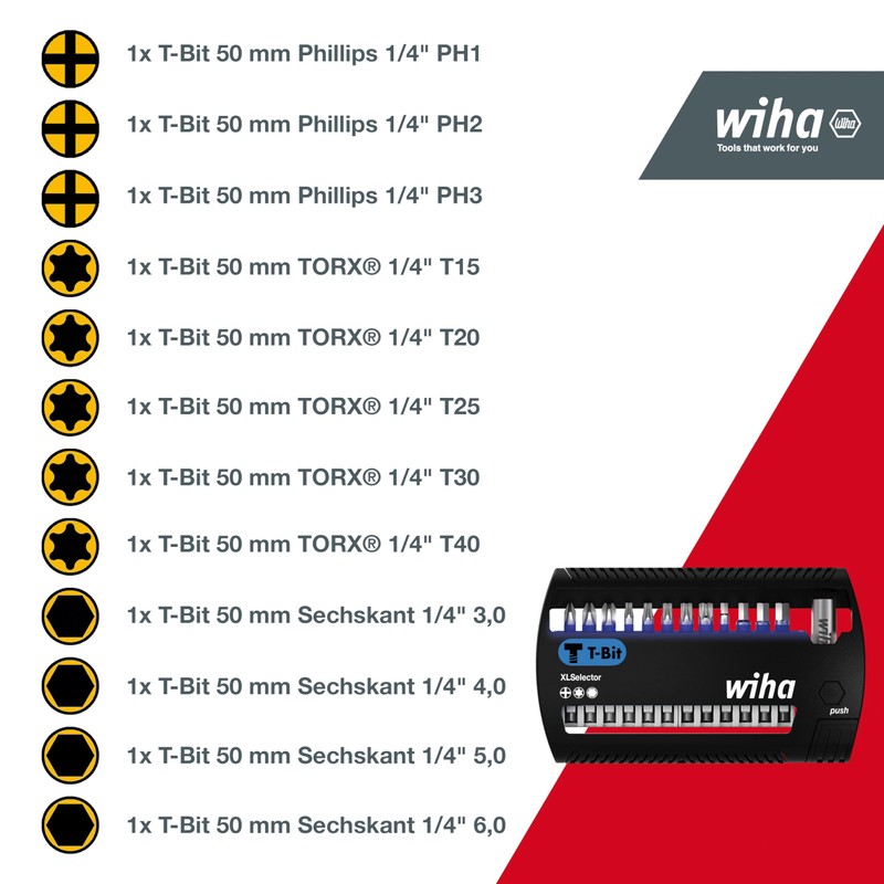 Wiha SB7948T950 XLSelector Bit PH/Torx/Hex T Shape for Screwing In