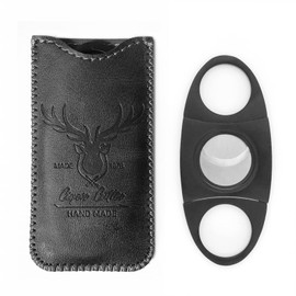 menesia Stainless Steel Cigar Cutter Guillotine with Leather Pouch, Double Blade for a Precise Perfect Cut(Black Deer)
