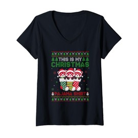 Womens Red Panda in Christmas Socks Ugly Sweater Xmas Pajama V-Neck T-Shirt