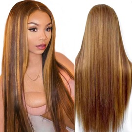 Mysyty Highlight Straight Wigs Human Hair 13x4 Highlight HD Lace Front Wig Pre Plucked With Baby Hair 4/27 Honey Blonde Ombre Wig For Human Hair For Women 20 Inch 180% Density
