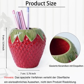 Kelivi Ceramic Pen Holder, Cute Strawberry Brush Container, Desk Pen Organiser, Desk Friend, Makeup Brush Holder for School, Home, Office (Red)