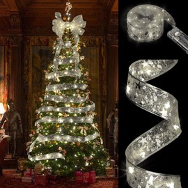 euoloar Christmas Tree Decorations String Lights 32.8ft 100 LED Lights Copper Wire Ribbon Bows Lights for Party Weddings Holiday Christmas Decorations Indoor (Sliver)