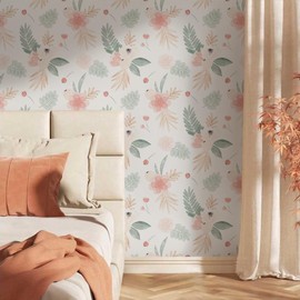 MuralPeel Neutral Green Leaves Pink Poppy Floral Peel and Stick Wallpaper Self Adhesive Removable Easy Peel Off Stick on Wall Paper for Bedroom Cabinet Renter