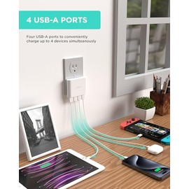 Cargador de Pared USB Slim iHome: Cargador USB Multipuerto AC Pro, Adaptador de Enchufe y Bloque de Carga para Teléfono, 4 Enchufes para Tomacorriente