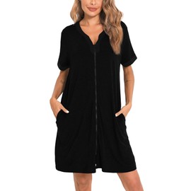 SWOMOG Women Zipper Front House Coat Short Sleeves Robe Zip up Bathrobes Short Nightgown with Pockets S-3XL Black Black Trim Medium